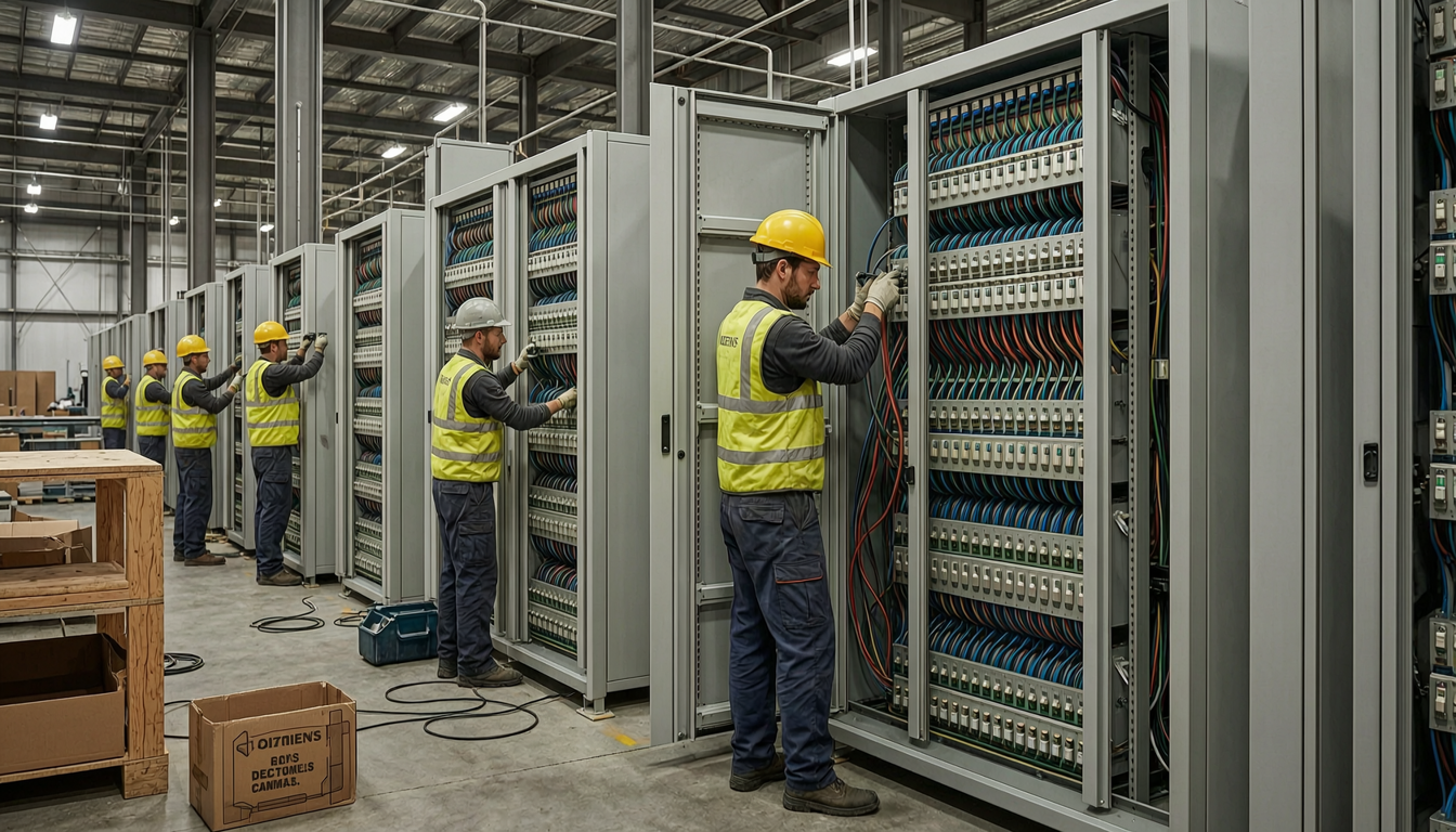 electricians working on large electrical panels in a data center construction site