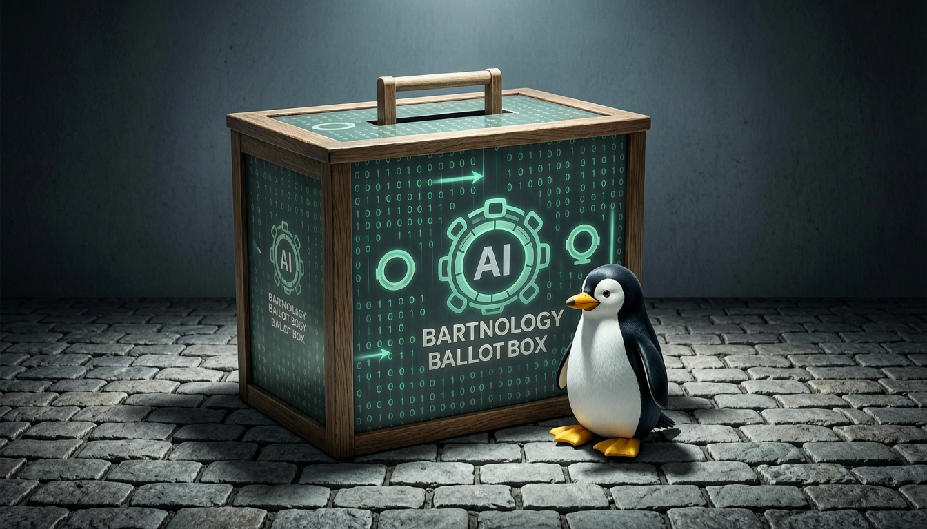 ballot box with code symbols and penguin mascot
