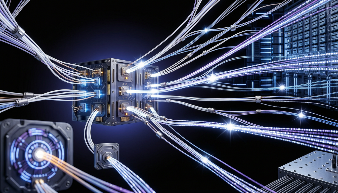 abstract neural network switchboard routing glowing data streams between nodes
