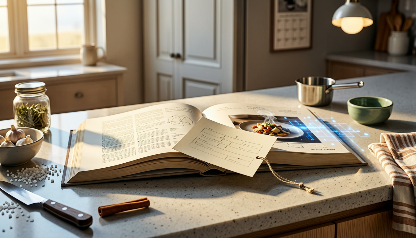 open cookbook with recipe card on a kitchen counter