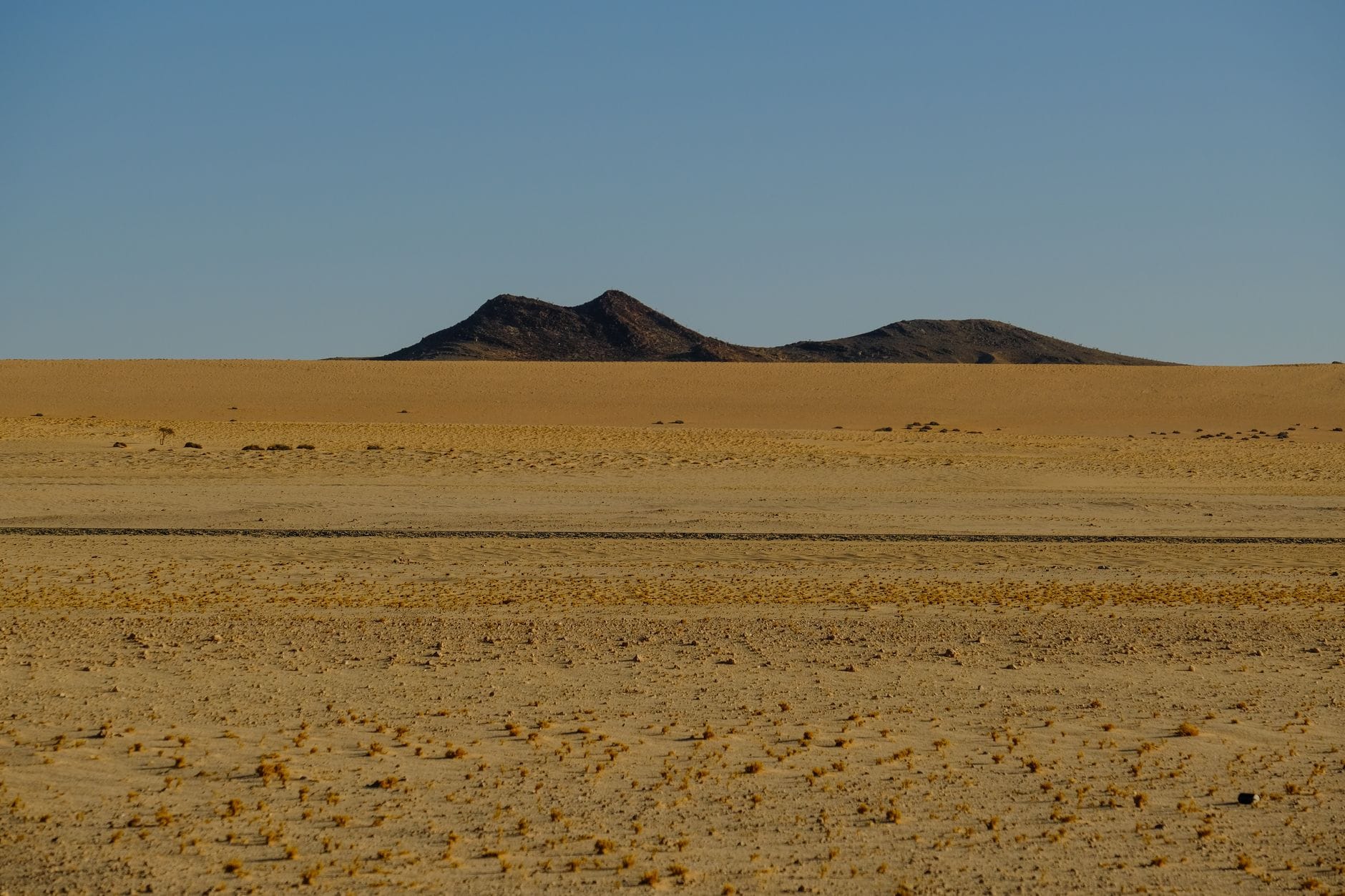 A remote desert landscape with distant hills under a clear blue sky — a mirage, the oldest metaphor for a confident but false perception.