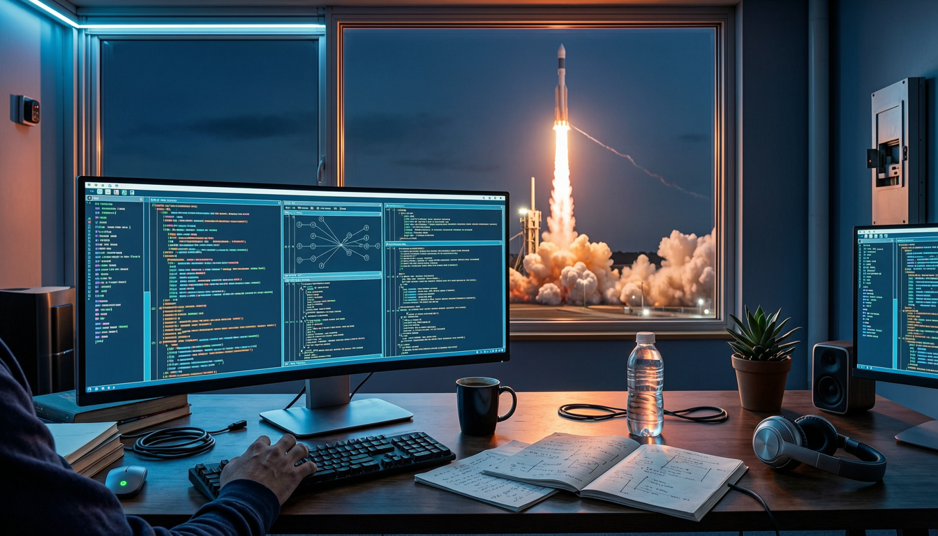 developer's desk with AI code editor on screen, rocket launching through the window