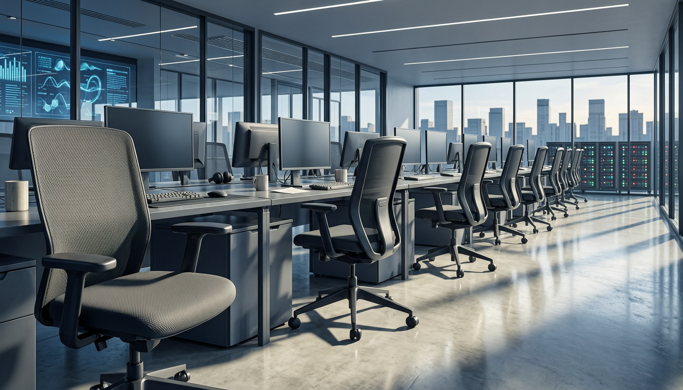 empty office chairs at a row of desks in a modern tech company office