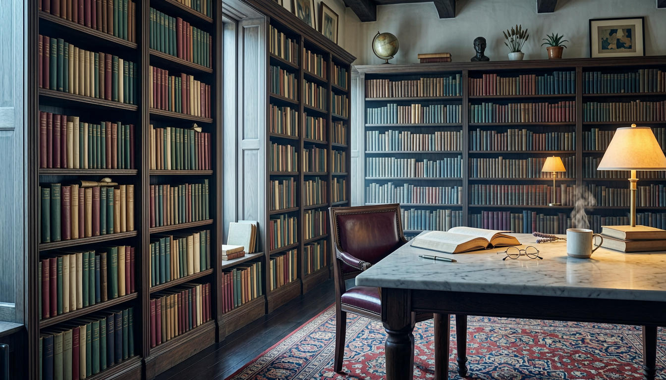 library shelves with books and a reading desk
