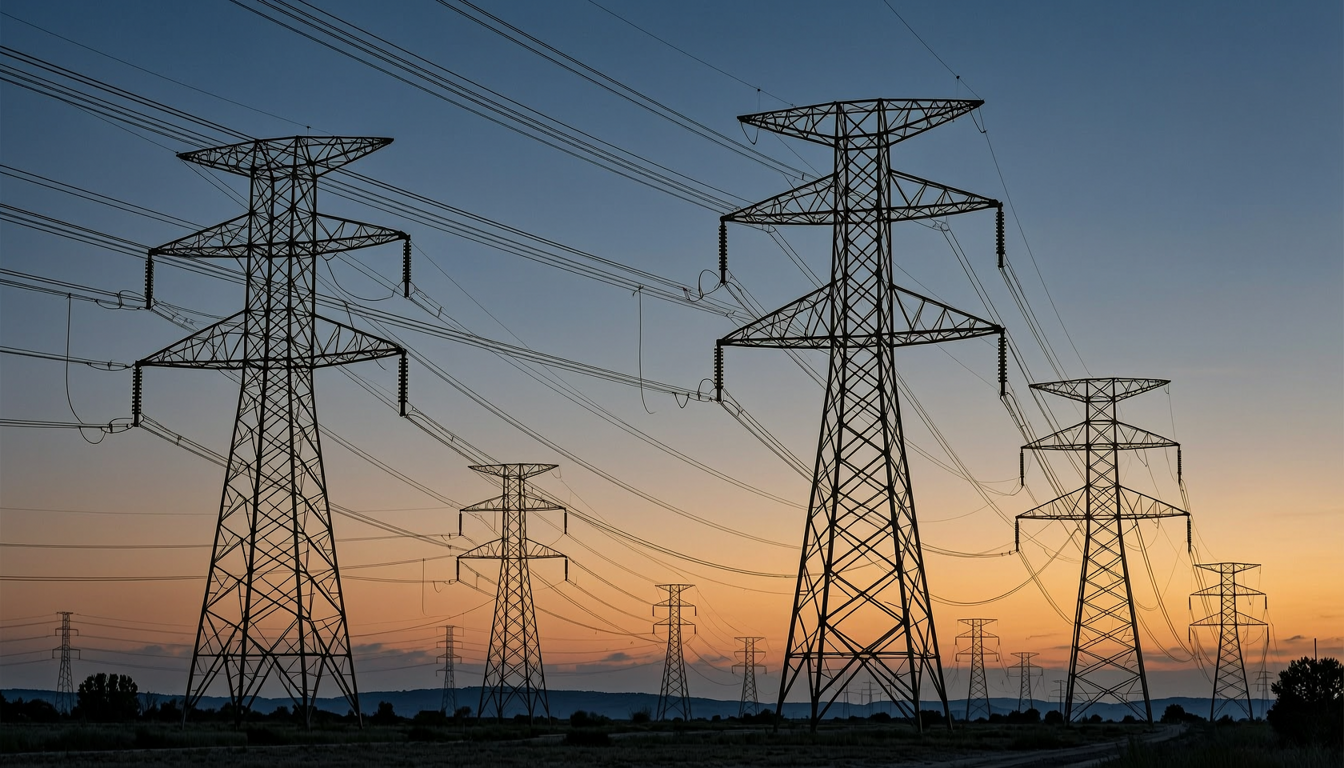 high-voltage electrical transmission towers power lines at dusk