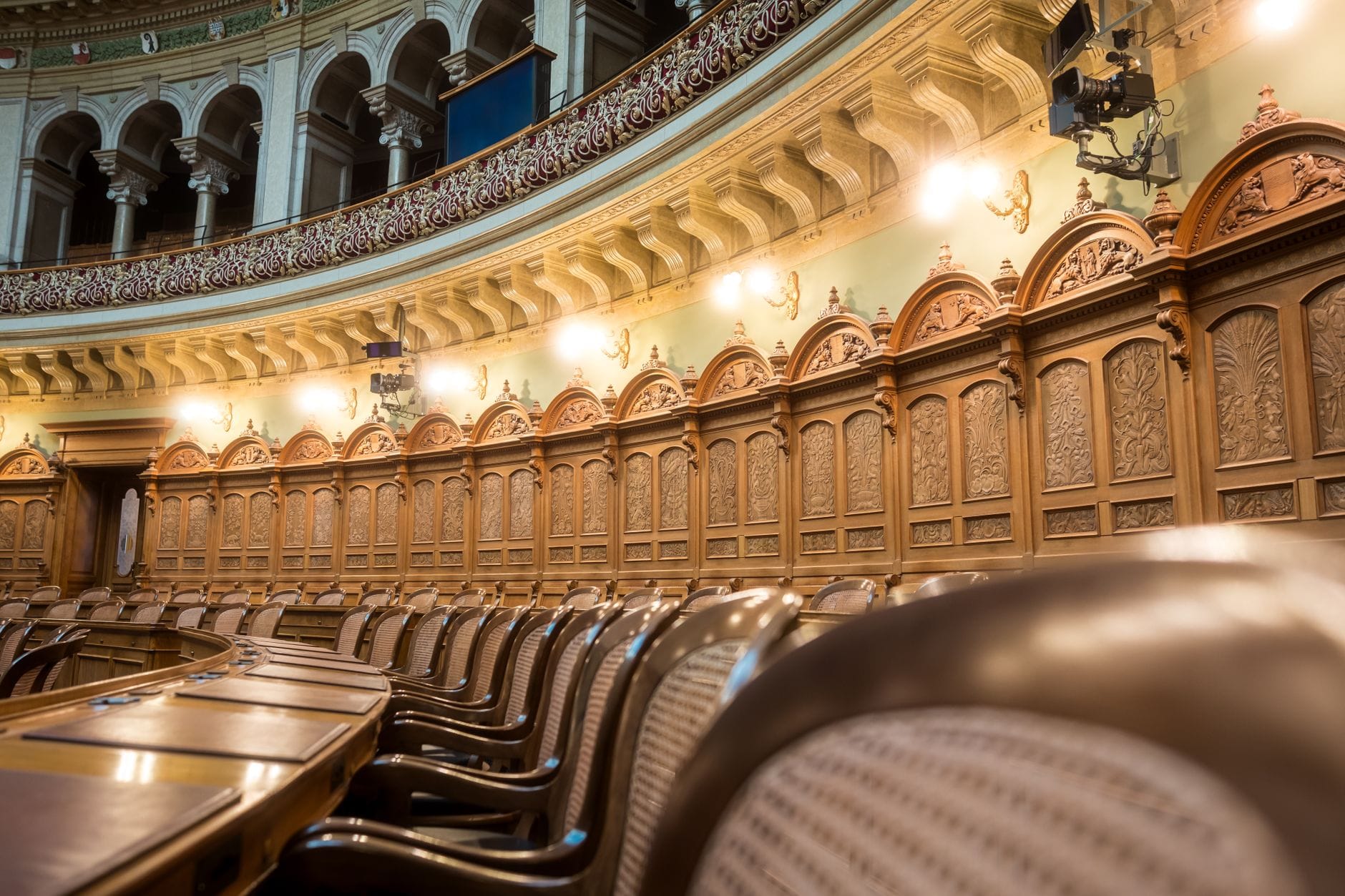 Interior view of the elegant Swiss Parliament council chamber in Bern, Switzerland.