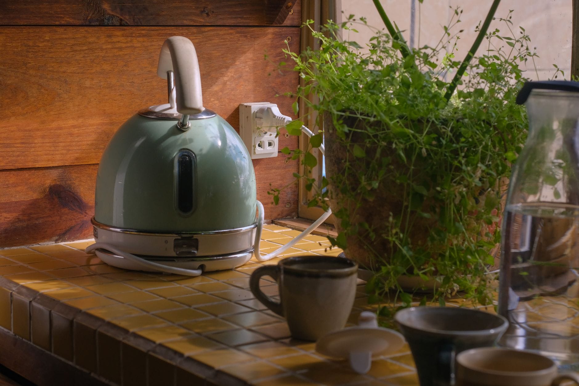 A warm kitchen setup with an electric kettle, potted plant, mugs, and tiled counter.